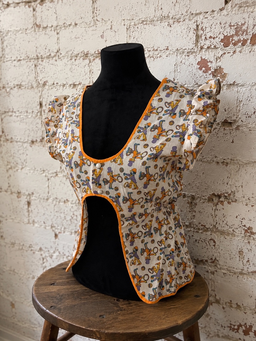 Vintage 70s Handmade Circus Clown Novelty Print OOAK Blouse Top